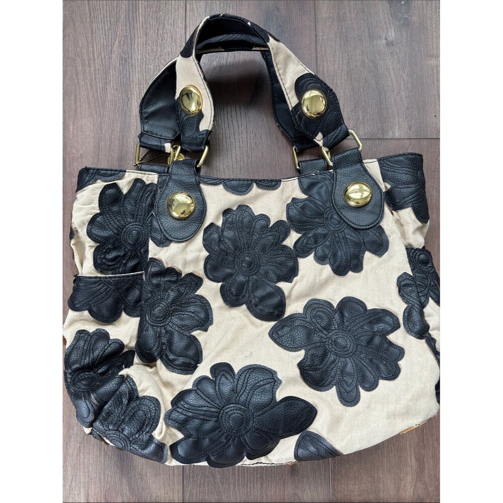 VTG Big Buddha Santa Barbara Black and Cream 3D Floral Appliqué Hibiscus Tote